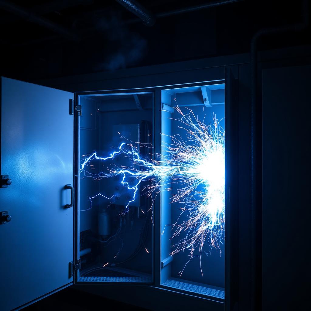 Electric arc flash inside an industrial switchgear cabinet